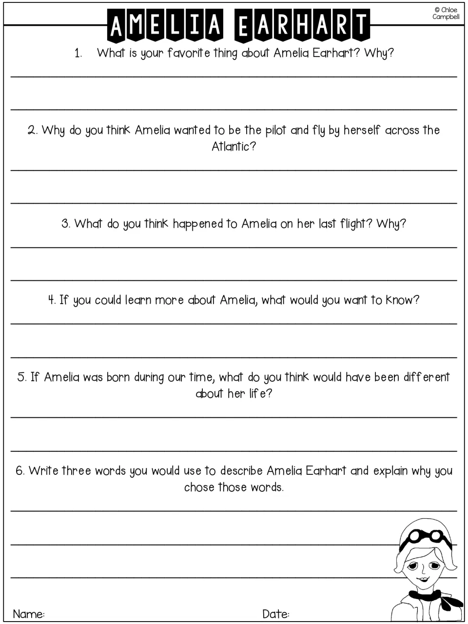 Amelia Earhart response page with six questions about her solo flight, last flight, and character traits