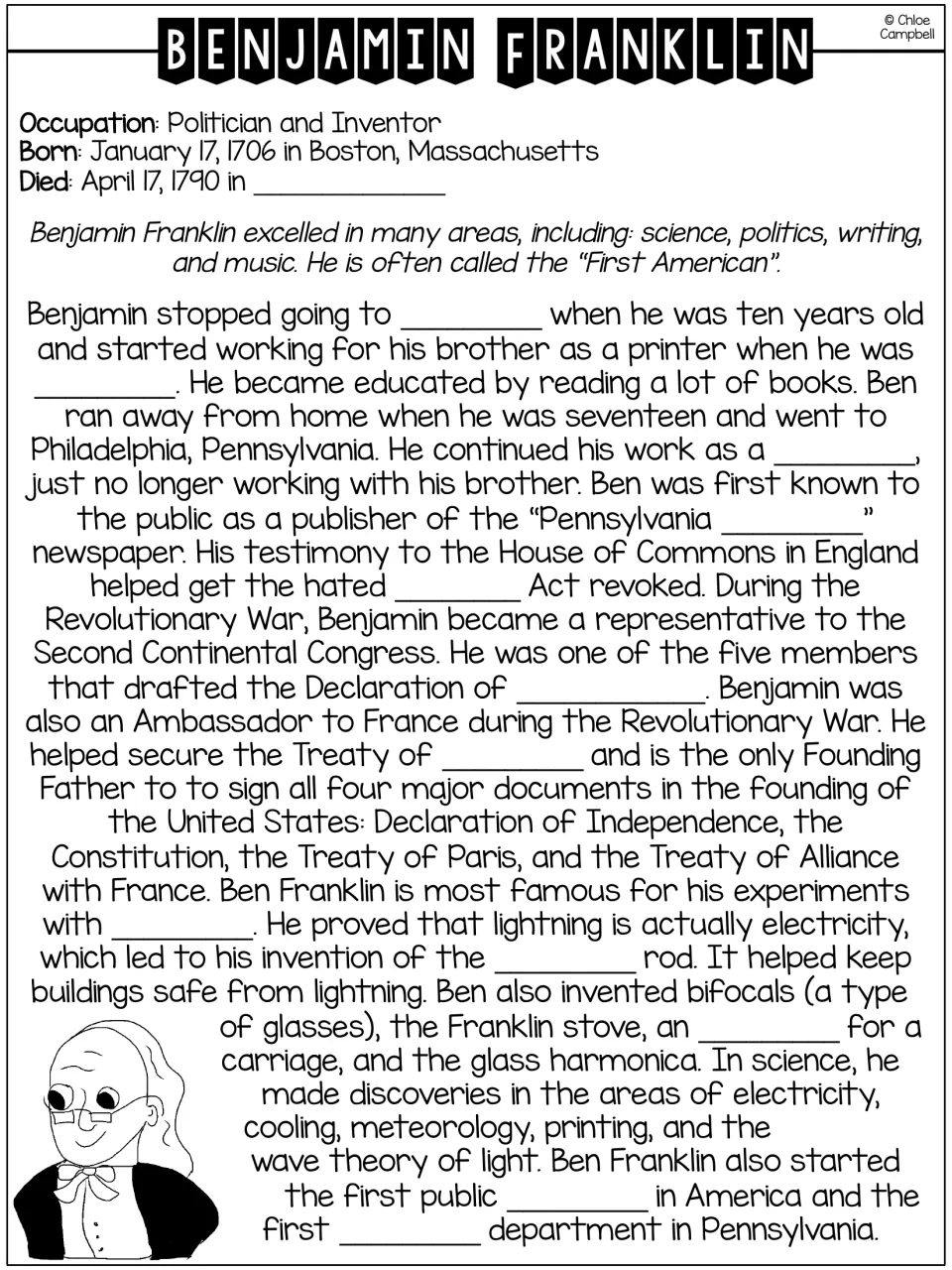 Benjamin Franklin fill-in-the-blank biography covering printing, public service, electricity, and inventions