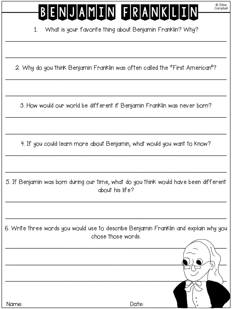 Benjamin Franklin response page with six questions about the title First American, his impact, and traits