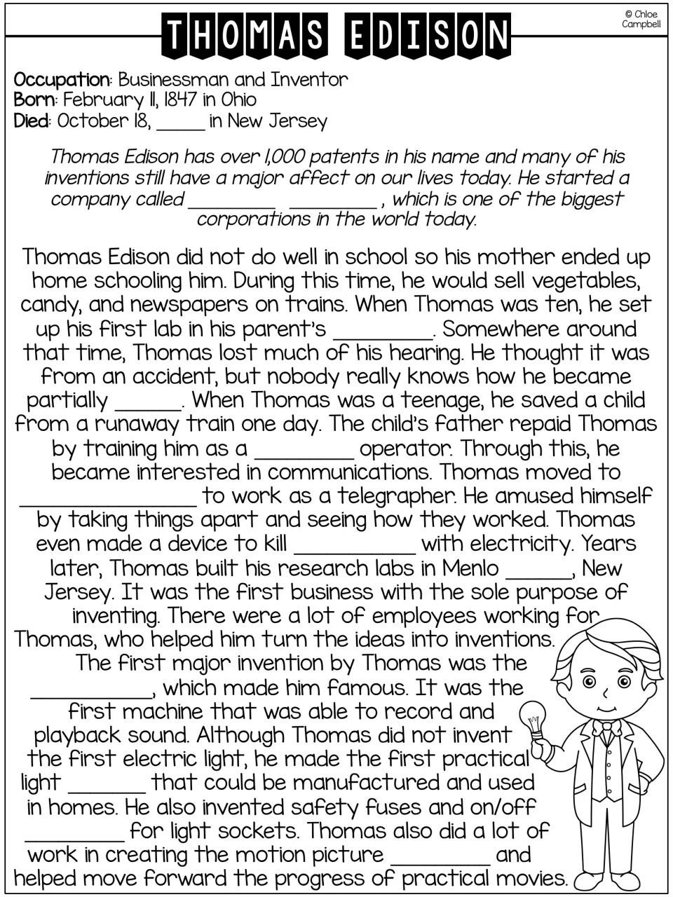 Thomas Edison fill-in-the-blank biography covering his childhood, research labs, and sound and light inventions