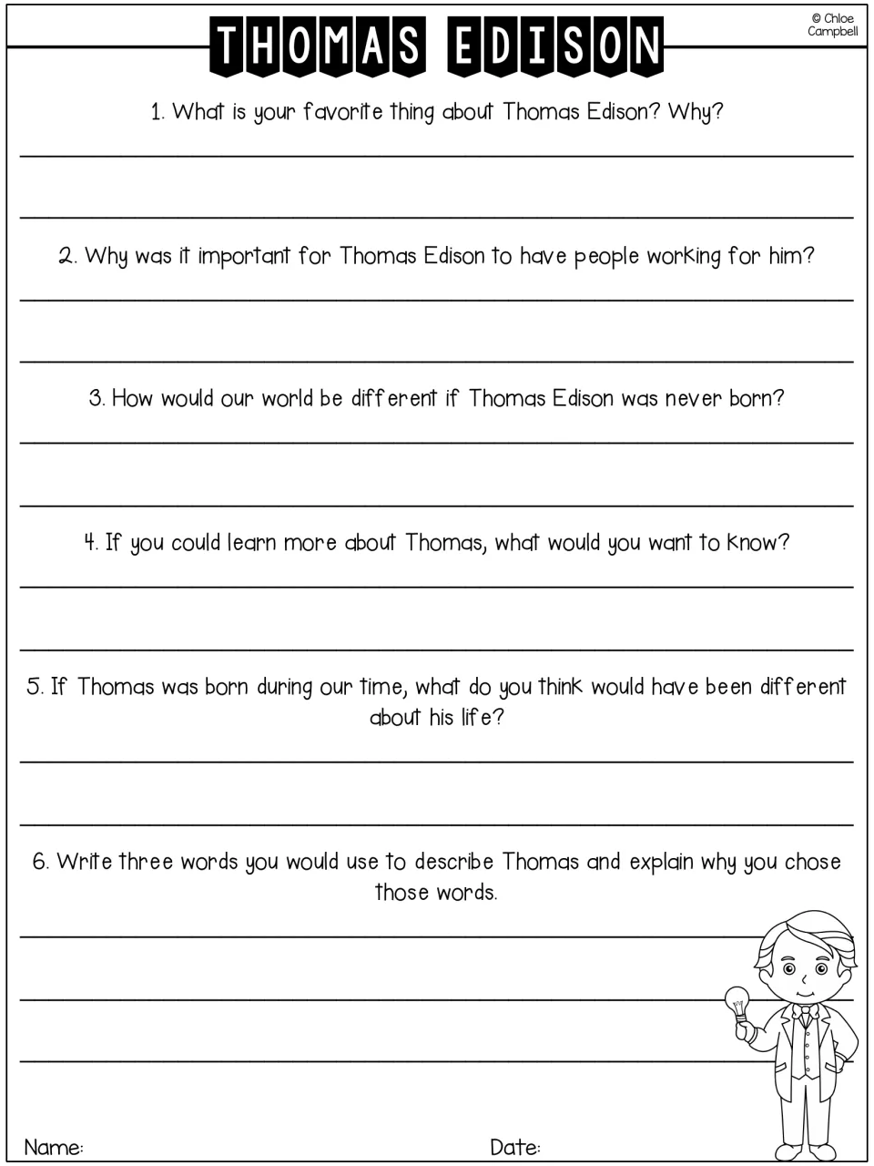 Thomas Edison response page with six questions about his employees, influence, life, and character traits