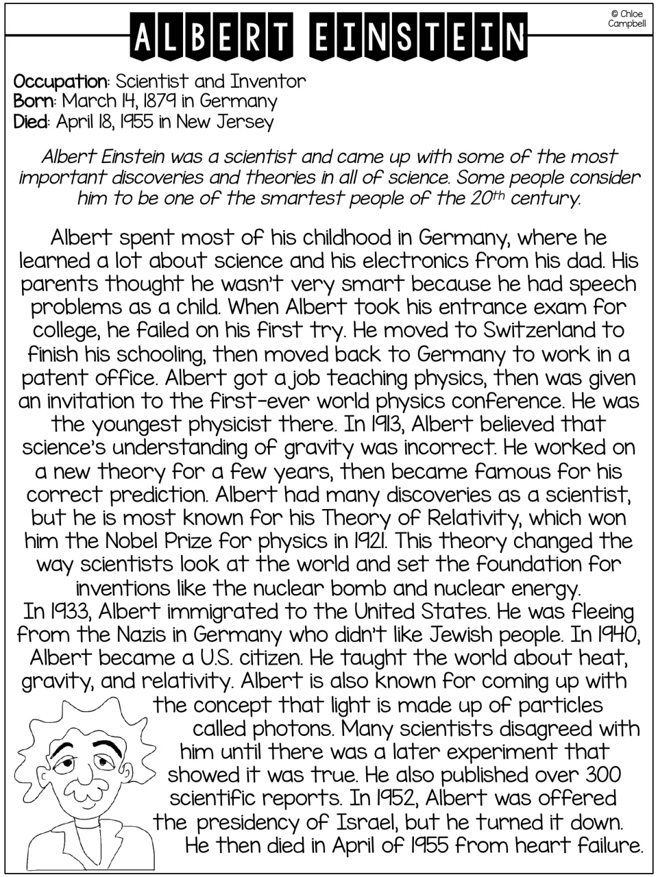 Albert Einstein biography passage about his childhood, scientific theories, photons, and move to the United States
