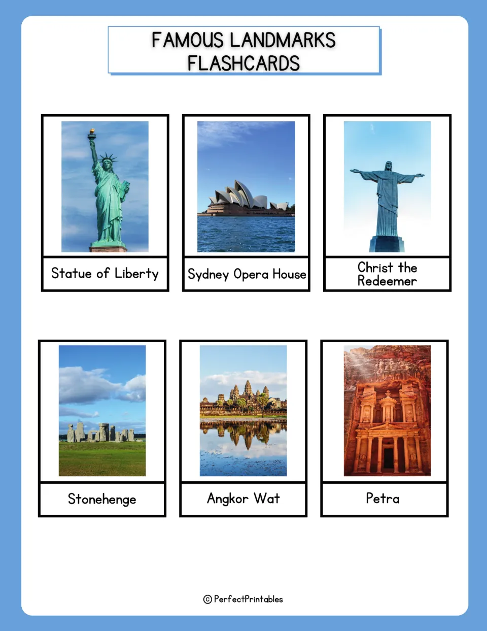 Landmark photo cards: Statue of Liberty, Sydney Opera House, Christ the Redeemer, Stonehenge, Angkor Wat and Petra to name