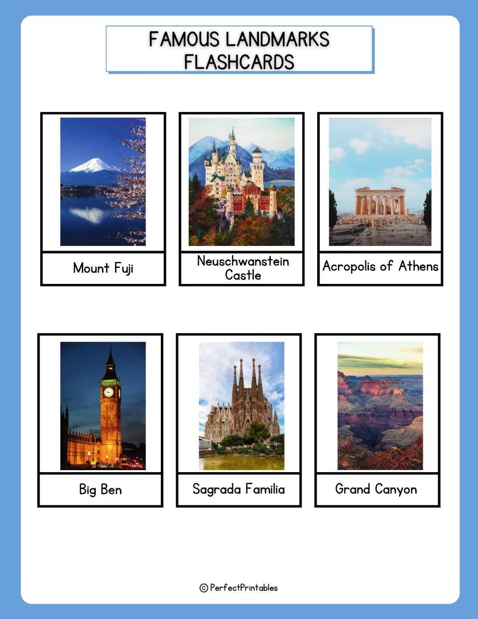 Landmark cards to name: Mount Fuji, Neuschwanstein Castle, Acropolis of Athens, Big Ben, Sagrada Familia and Grand Canyon
