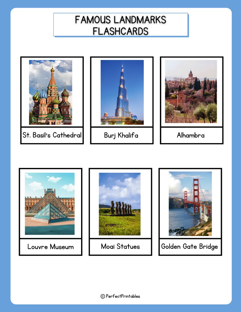 Landmark cards to name: St. Basil's Cathedral, Burj Khalifa, Alhambra, Louvre Museum, Moai Statues and Golden Gate Bridge