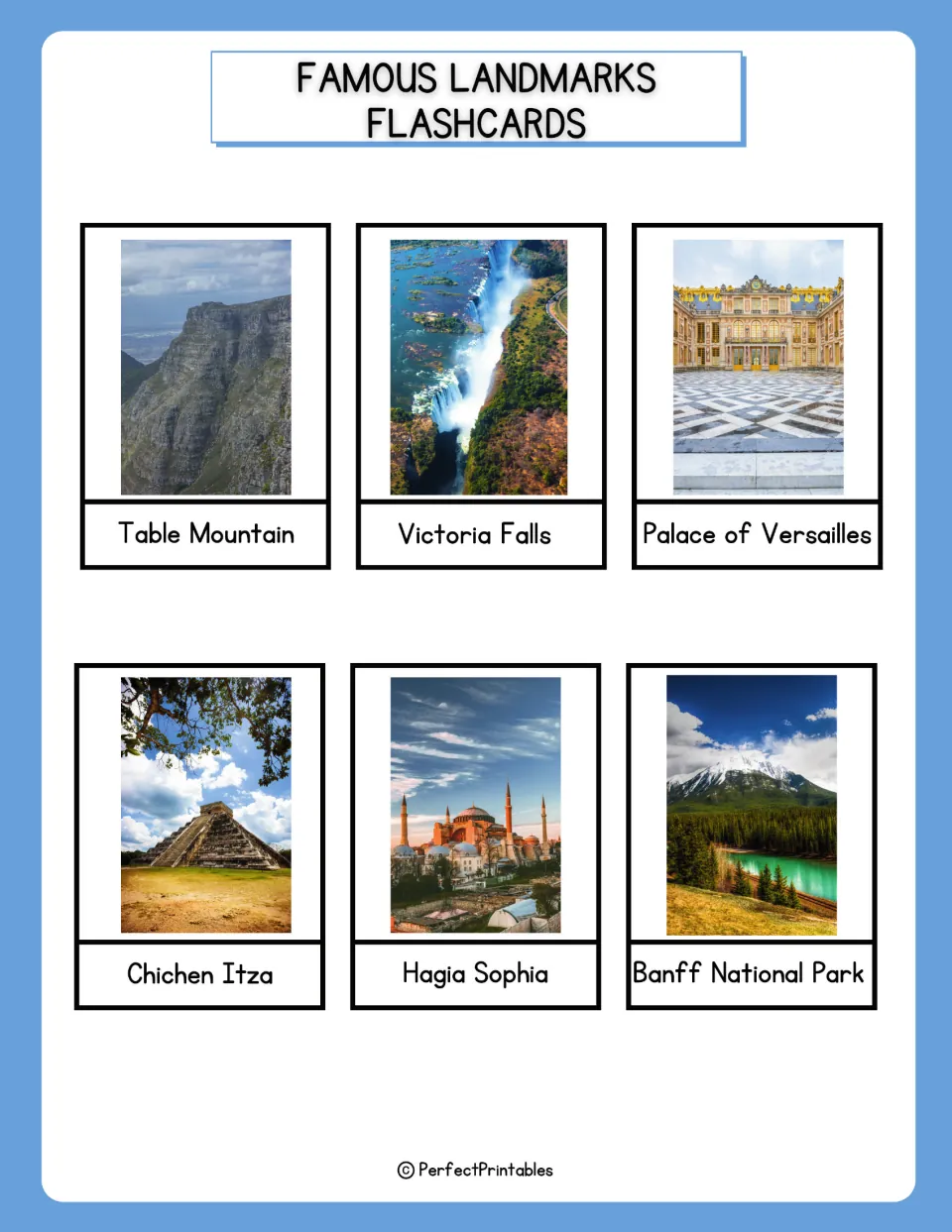 Landmark photo cards: Table Mountain, Victoria Falls, Palace of Versailles, Chichen Itza, Hagia Sophia, Banff National Park