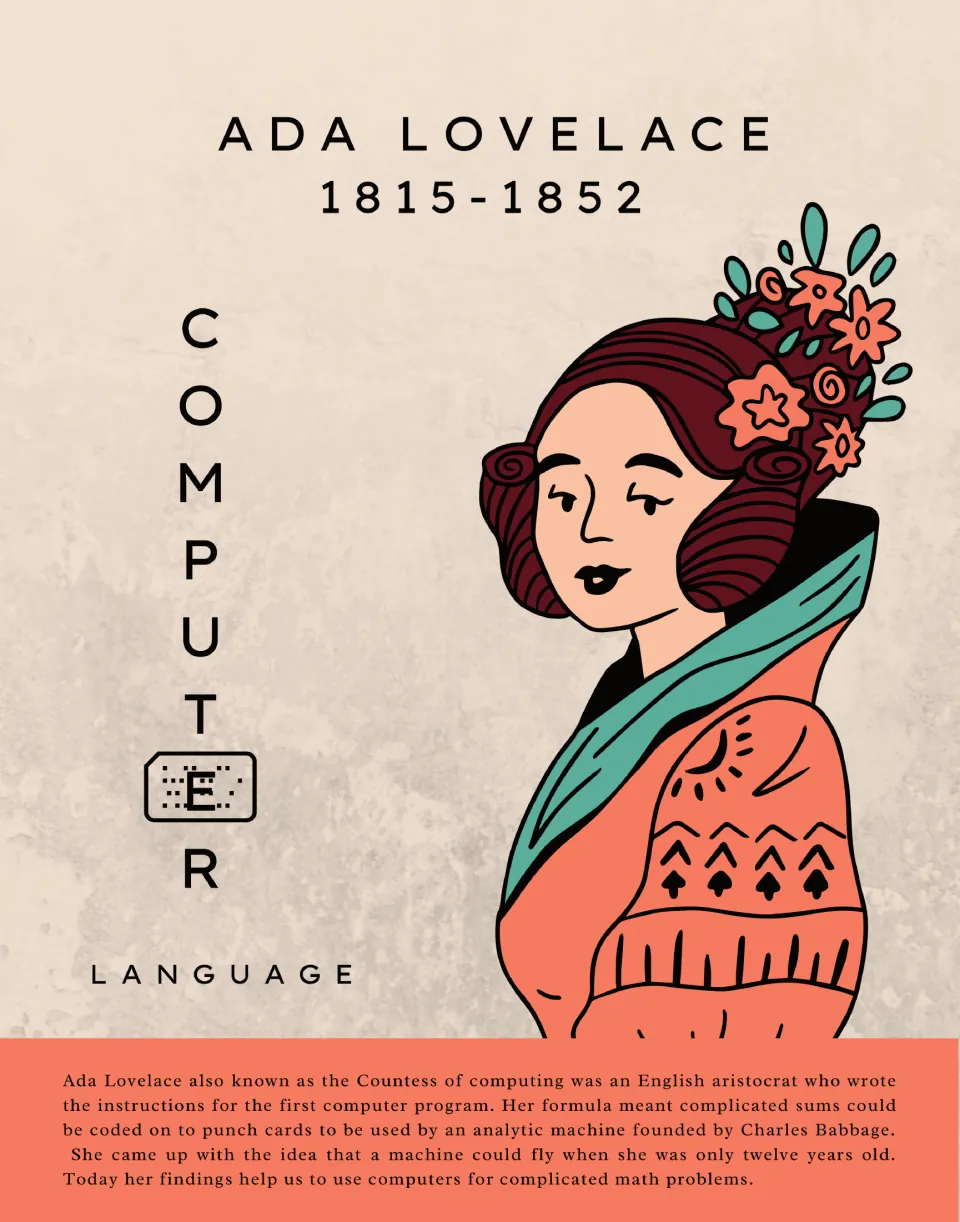 Ada Lovelace (1815-1852) poster: Computer Language theme with portrait and a short bio about the first computer program
