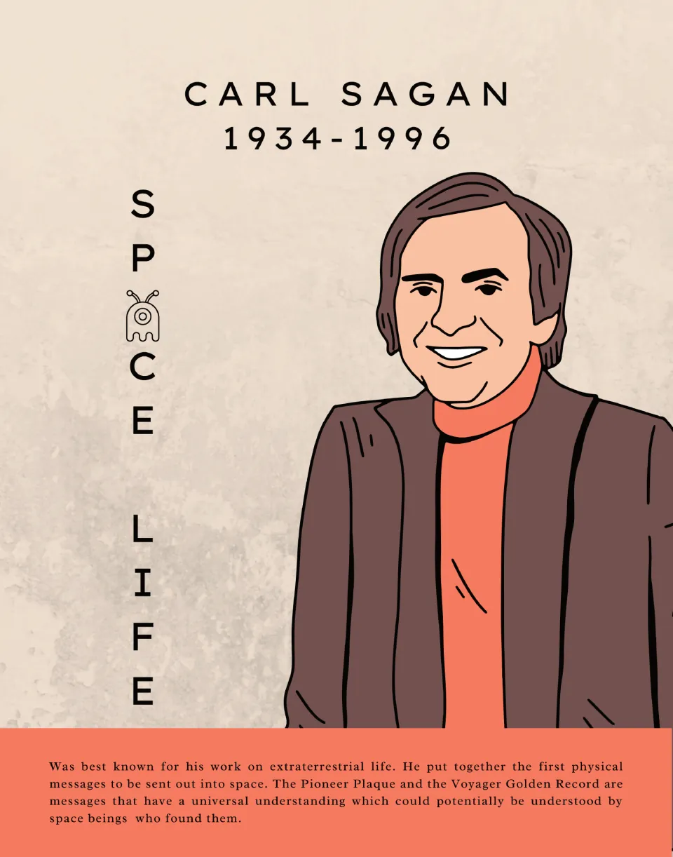 Carl Sagan (1934-1996) poster: Space Life theme, portrait and bio on the Pioneer Plaque and Voyager Golden Record