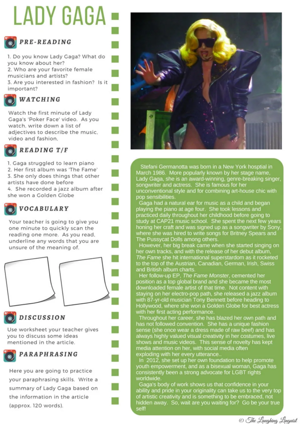 Lady Gaga reading: pre-reading questions, Poker Face adjectives, true/false items, vocabulary and a 120-word summary