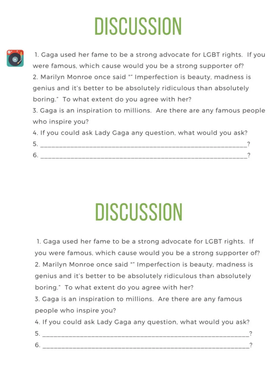 Lady Gaga discussion questions on causes, a Marilyn Monroe quote and inspiring people; students add two of their own