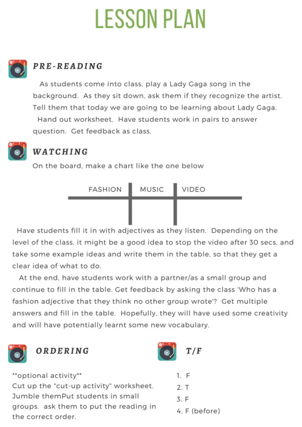 Lesson plan steps for pre-reading, a fashion/music/video adjective chart, an optional ordering task and T/F answers