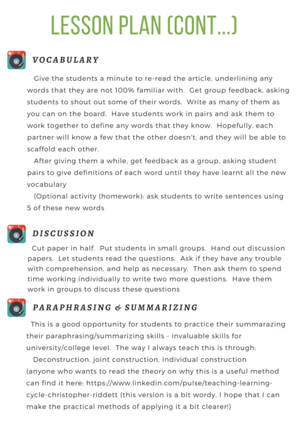 Lesson plan notes for pair vocabulary work, group discussion and teaching paraphrasing and summarizing skills