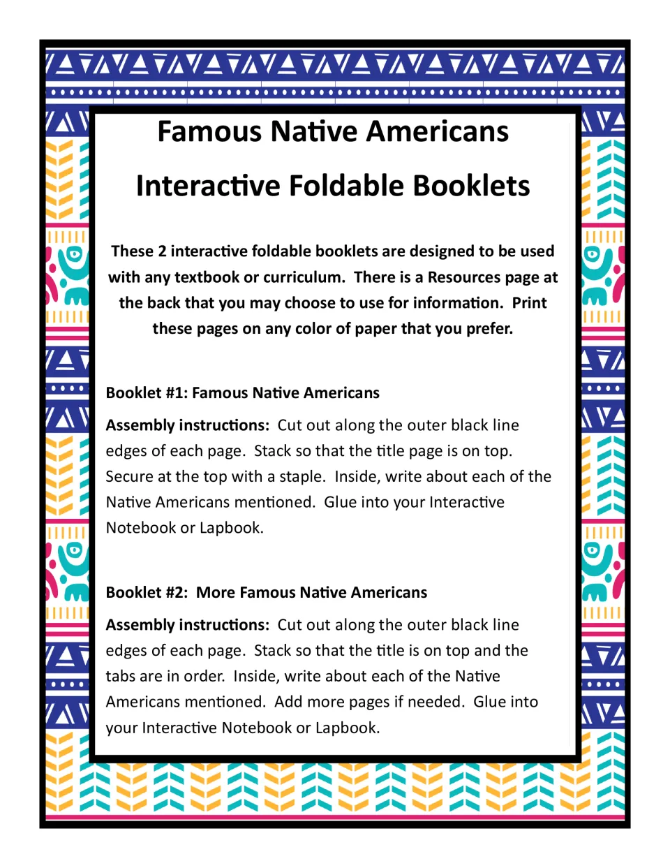 Instructions for assembling two Native American booklets and adding them to an interactive notebook or lapbook