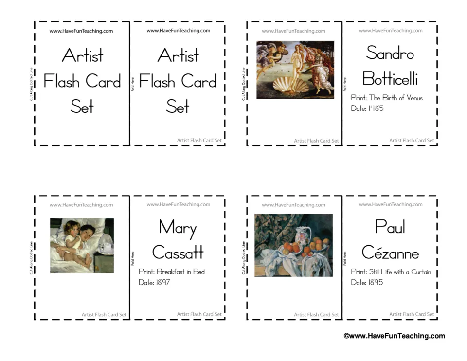 Artist flash card set title card and cards for Botticelli, Cassatt and Cézanne, each pairing a painting with its date