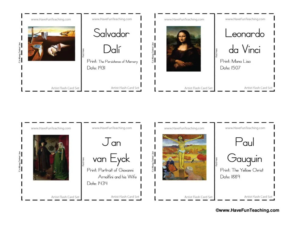 Flash cards for Dalí, Leonardo da Vinci, Jan van Eyck and Gauguin, each showing a painting with its title and date