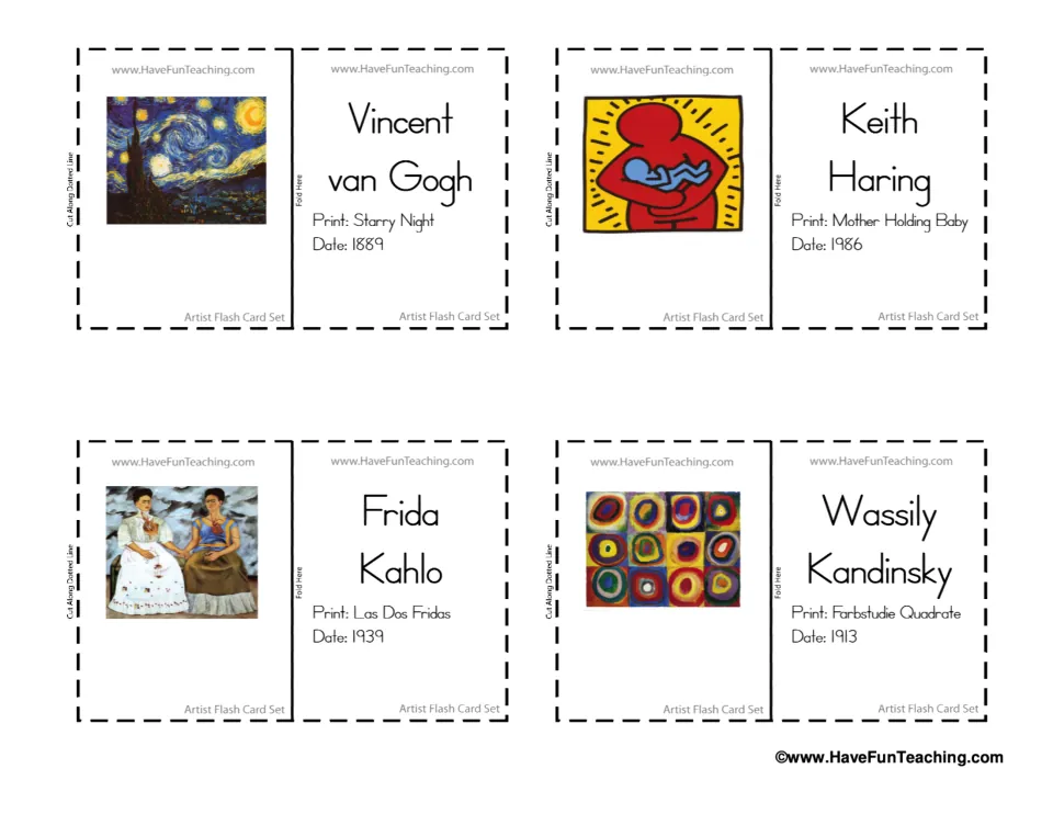 Flash cards for van Gogh, Keith Haring, Frida Kahlo and Kandinsky, each showing a painting with its title and date