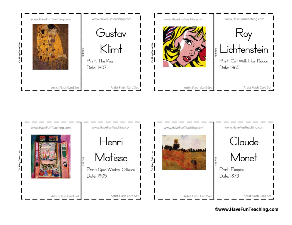 Flash cards for Klimt, Lichtenstein, Matisse and Monet, each showing a painting with the artist's name, title and date