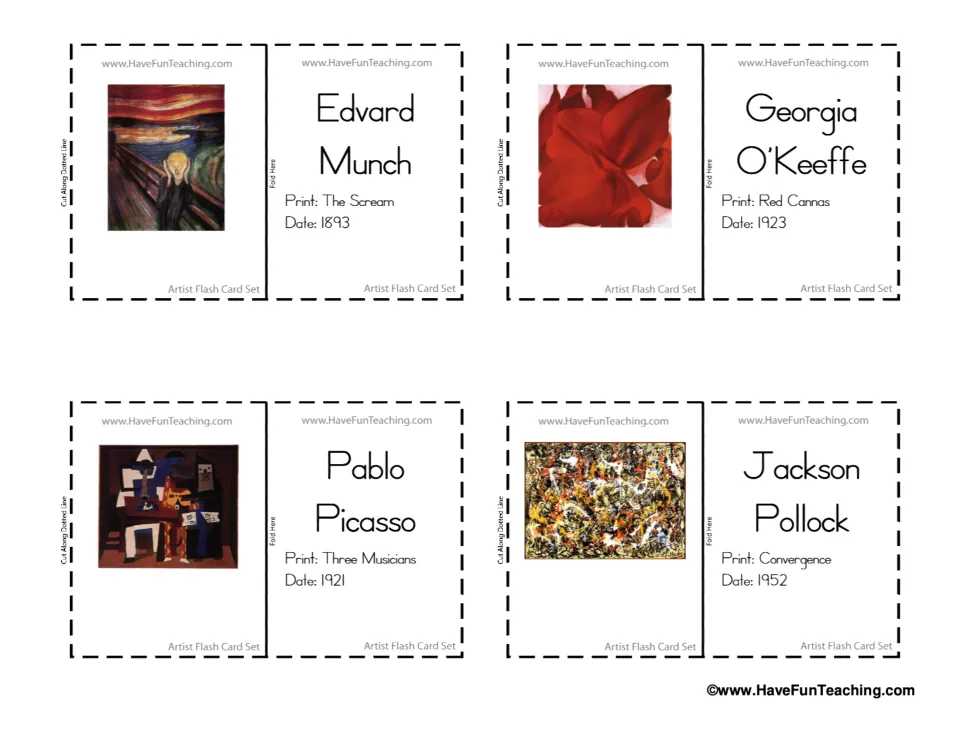Flash cards for Munch, Georgia O'Keeffe, Picasso and Jackson Pollock, each showing a painting with its title and date