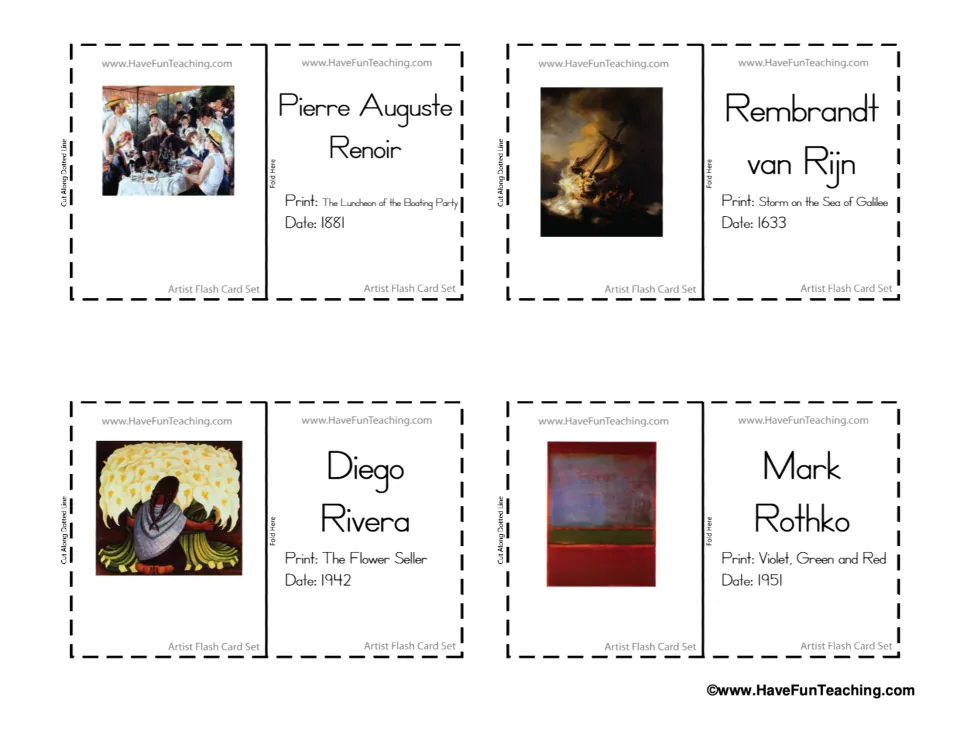 Flash cards for Renoir, Rembrandt, Diego Rivera and Mark Rothko, each showing a painting with its title and date