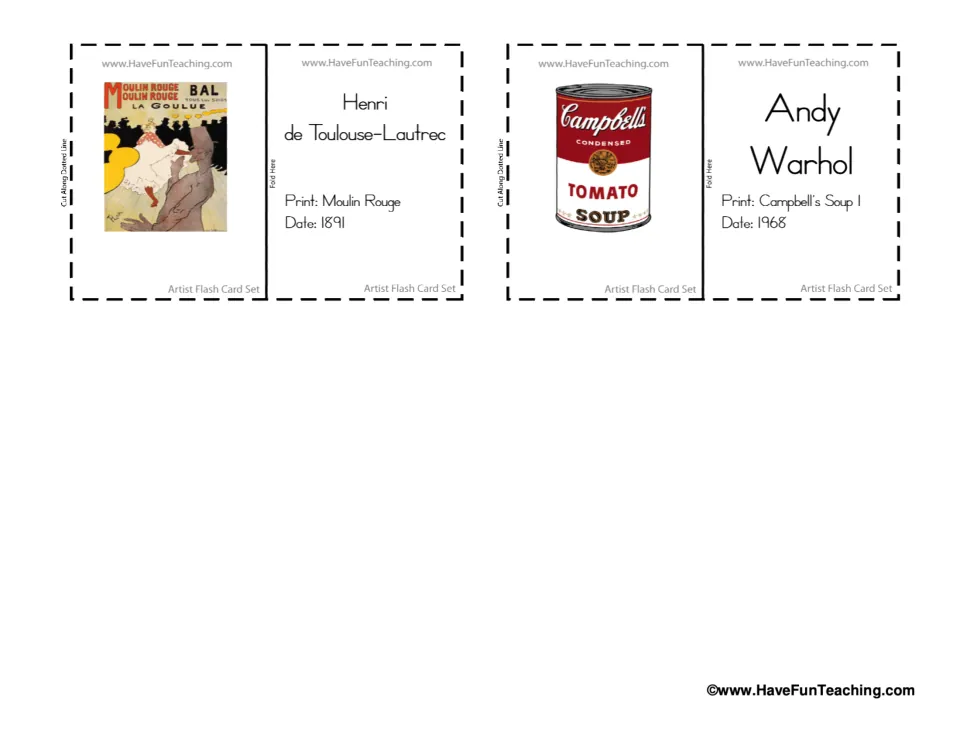 Last two flash cards, Toulouse-Lautrec's Moulin Rouge poster from 1891 and Andy Warhol's Campbell's Soup I from 1968