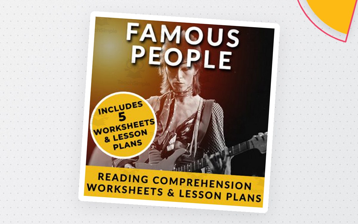 Famous People ESL cover with celebrity portraits and a reading-comprehension worksheet badge.