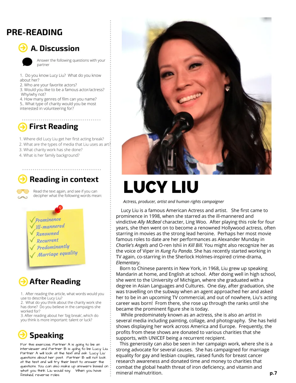 Lucy Liu biography: students discuss actors, answer reading questions, define words in context and role-play an interview