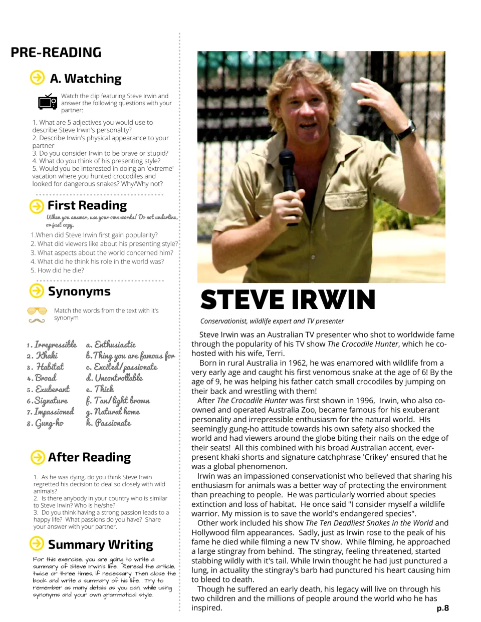 Steve Irwin biography: students watch a clip, match 8 words to synonyms, answer questions and write a summary of his life