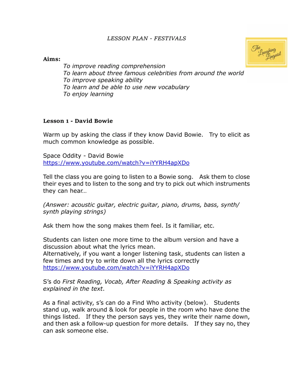 Teacher lesson plan with unit aims and Lesson 1 steps for David Bowie, including the Space Oddity instrument answers