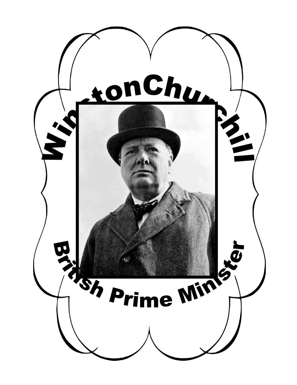 Winston Churchill title page: a portrait of Churchill in a bowler hat and bow tie, labeled British Prime Minister