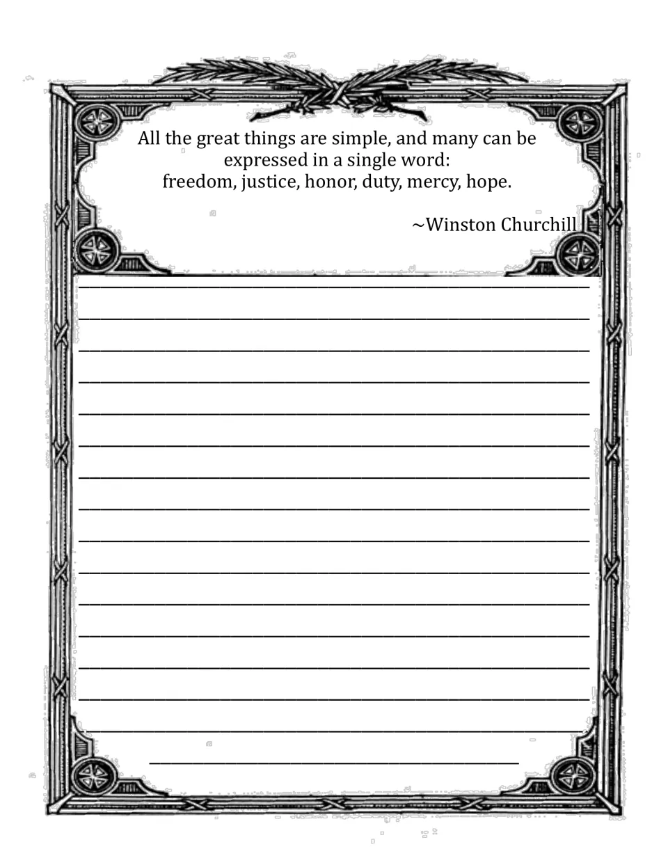 Churchill quote naming great things in one word: freedom, justice, honor, duty, mercy, hope; students write a response