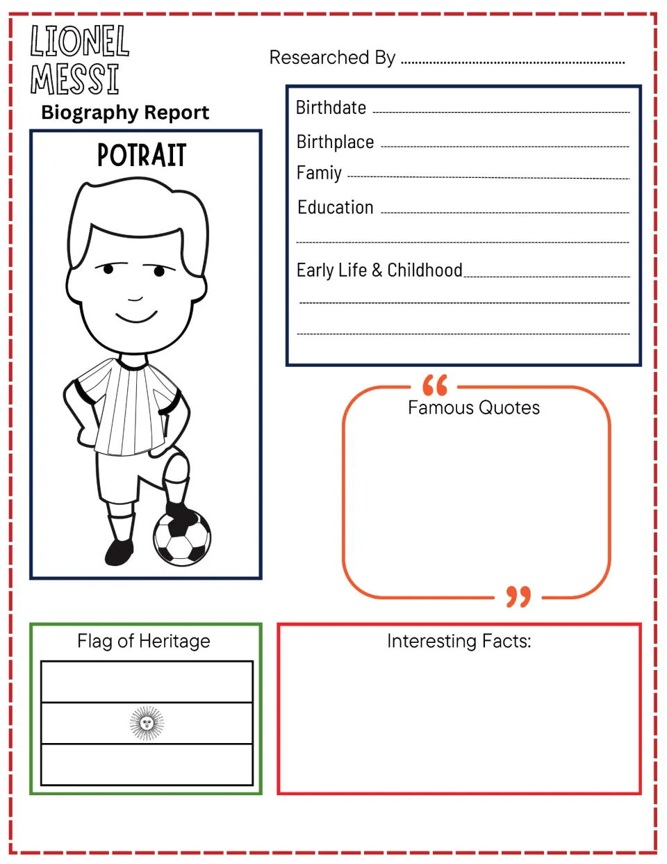 Lionel Messi biography report: students note birthdate, family and early life, then add quotes, facts and a heritage flag