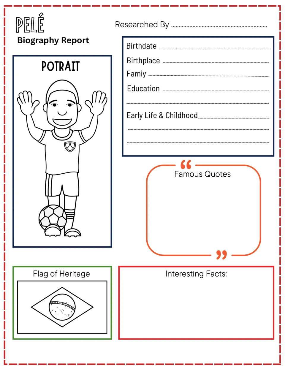 Pelé biography report: students fill in birthplace, education and childhood, then list famous quotes and interesting facts
