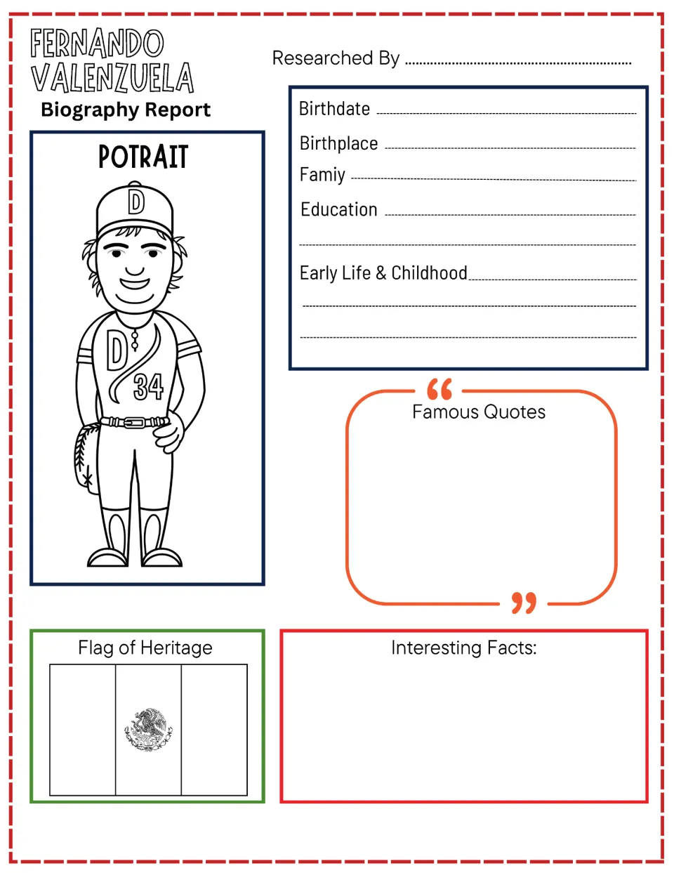 Fernando Valenzuela biography report: students research birthdate, family and schooling, then color the heritage flag