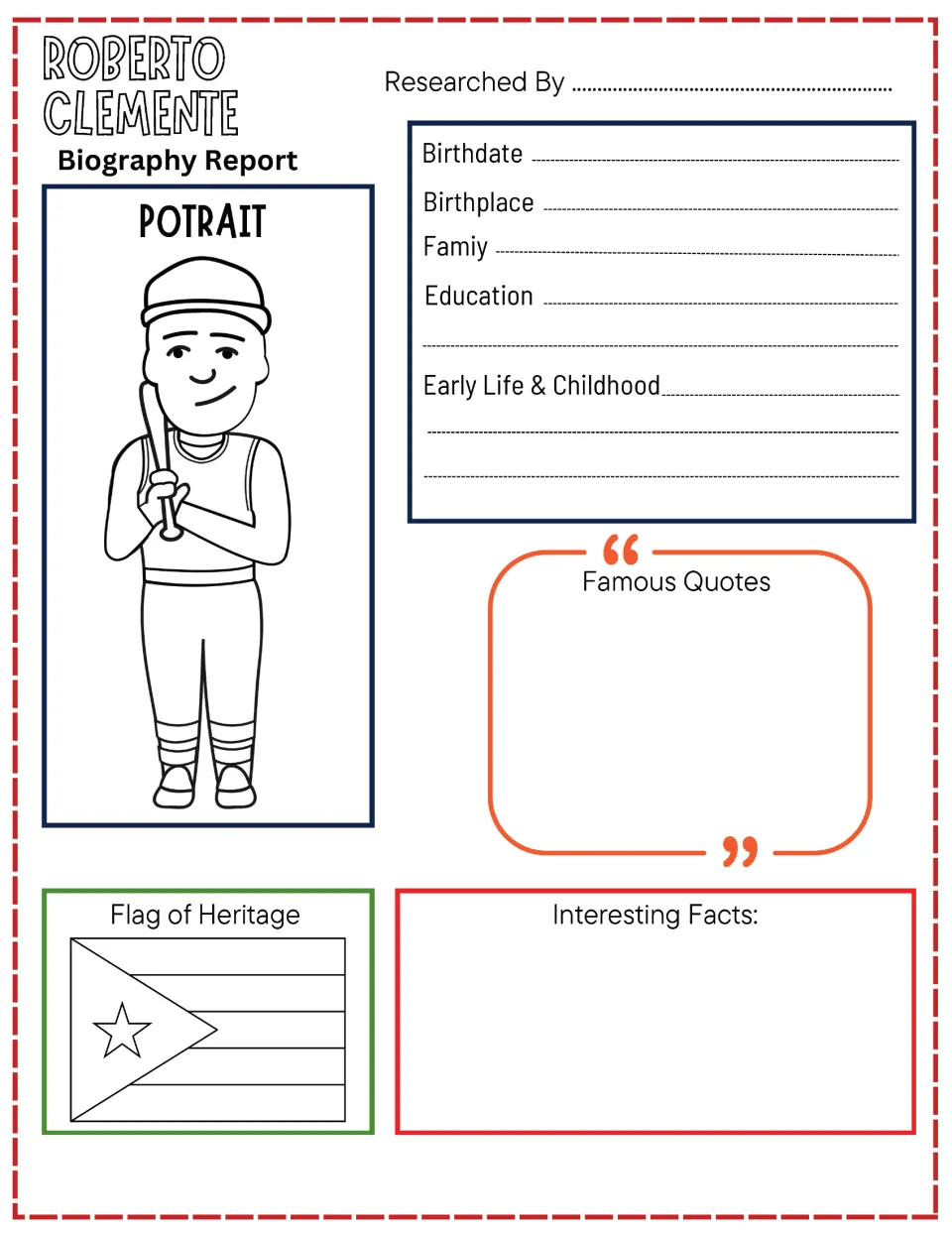 Roberto Clemente biography report: students record birthplace, family and early life, plus quotes, facts and a heritage flag