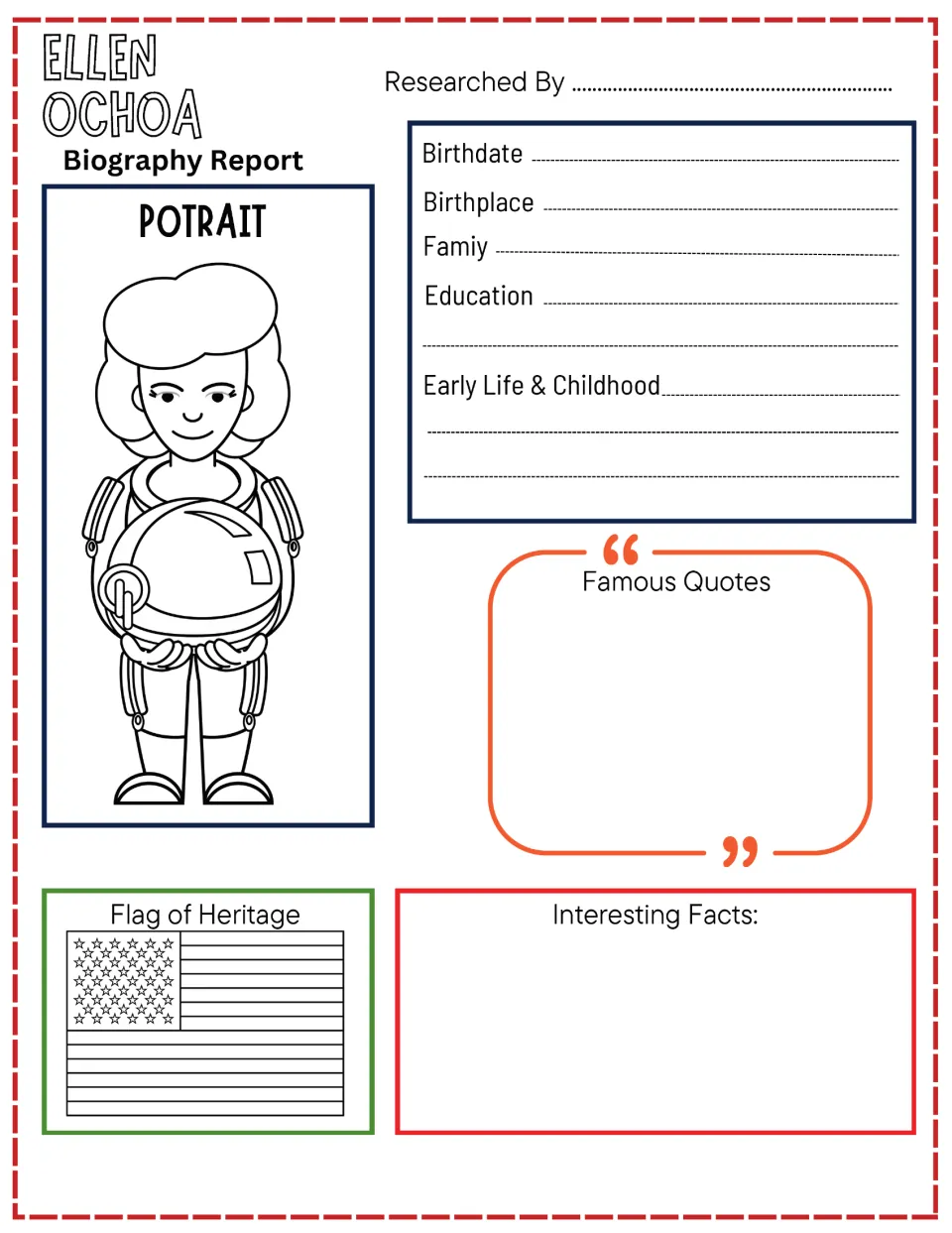 Ellen Ochoa biography research organizer asks for birthdate, birthplace, family, education, quotes, and facts.