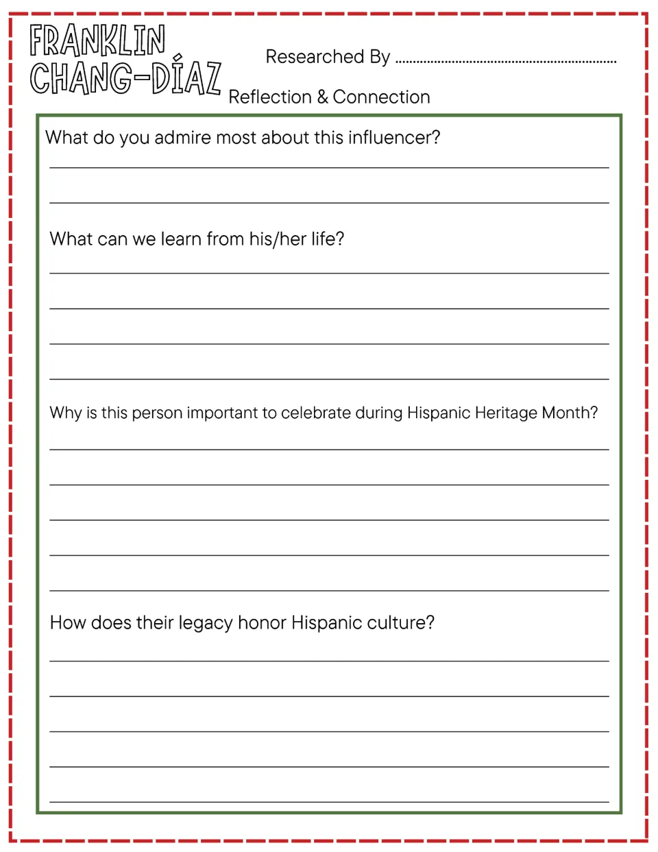 Franklin Chang-Díaz reflection prompts address admiration, life lessons, Hispanic Heritage Month, and legacy.