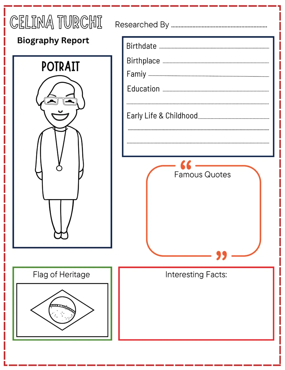 Celina Turchi biography research organizer asks for birthdate, birthplace, family, education, quotes, and facts.