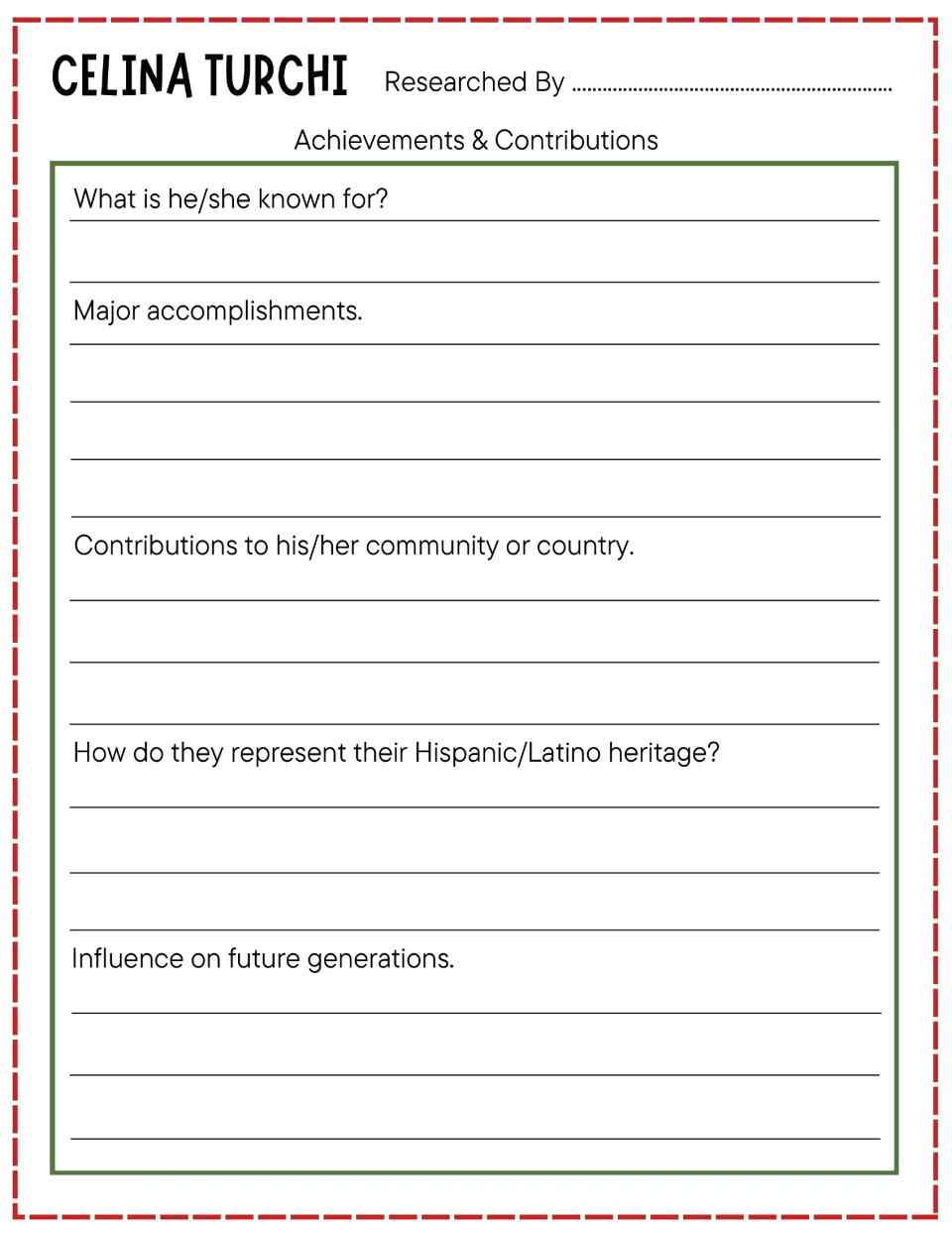 Celina Turchi achievements research prompts cover accomplishments, contributions, heritage, and influence.