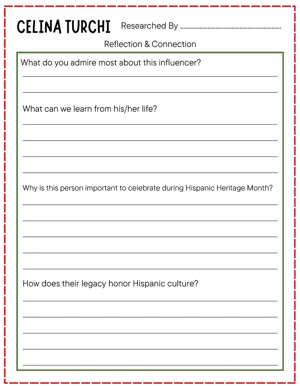 Celina Turchi reflection prompts address admiration, life lessons, Hispanic Heritage Month, and cultural legacy.