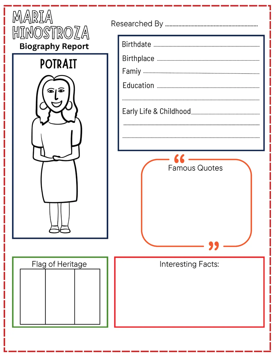 Maria Hinostroza biography organizer asks for birthdate, birthplace, family, education, quotes, and facts.