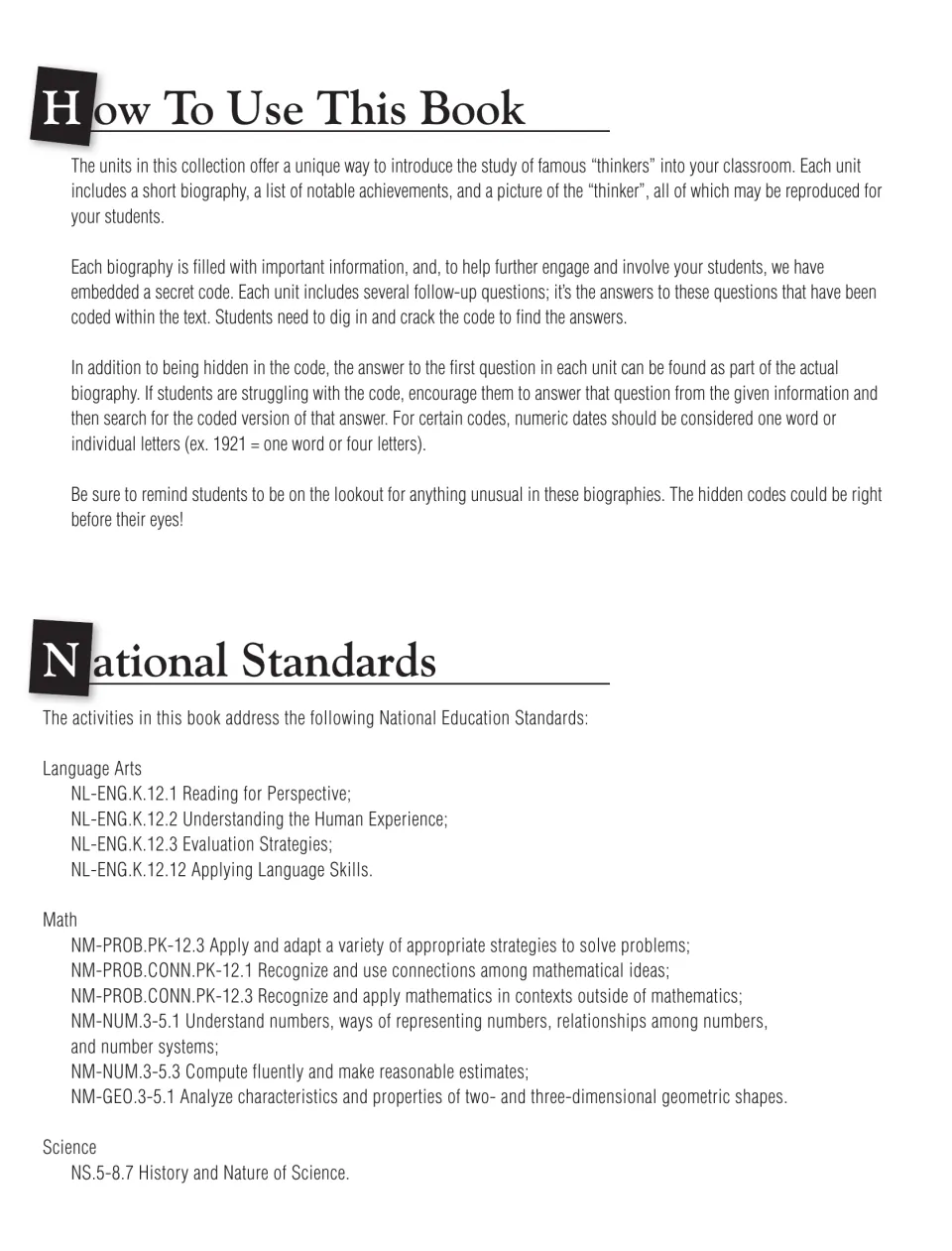 Teacher directions explain hidden biography codes and follow-up questions, with national education standards