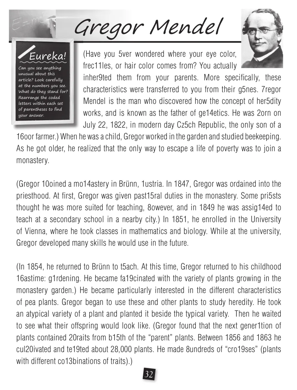 Gregor Mendel biography begins with childhood, monastery life, and plant experiments, using number-letter codes