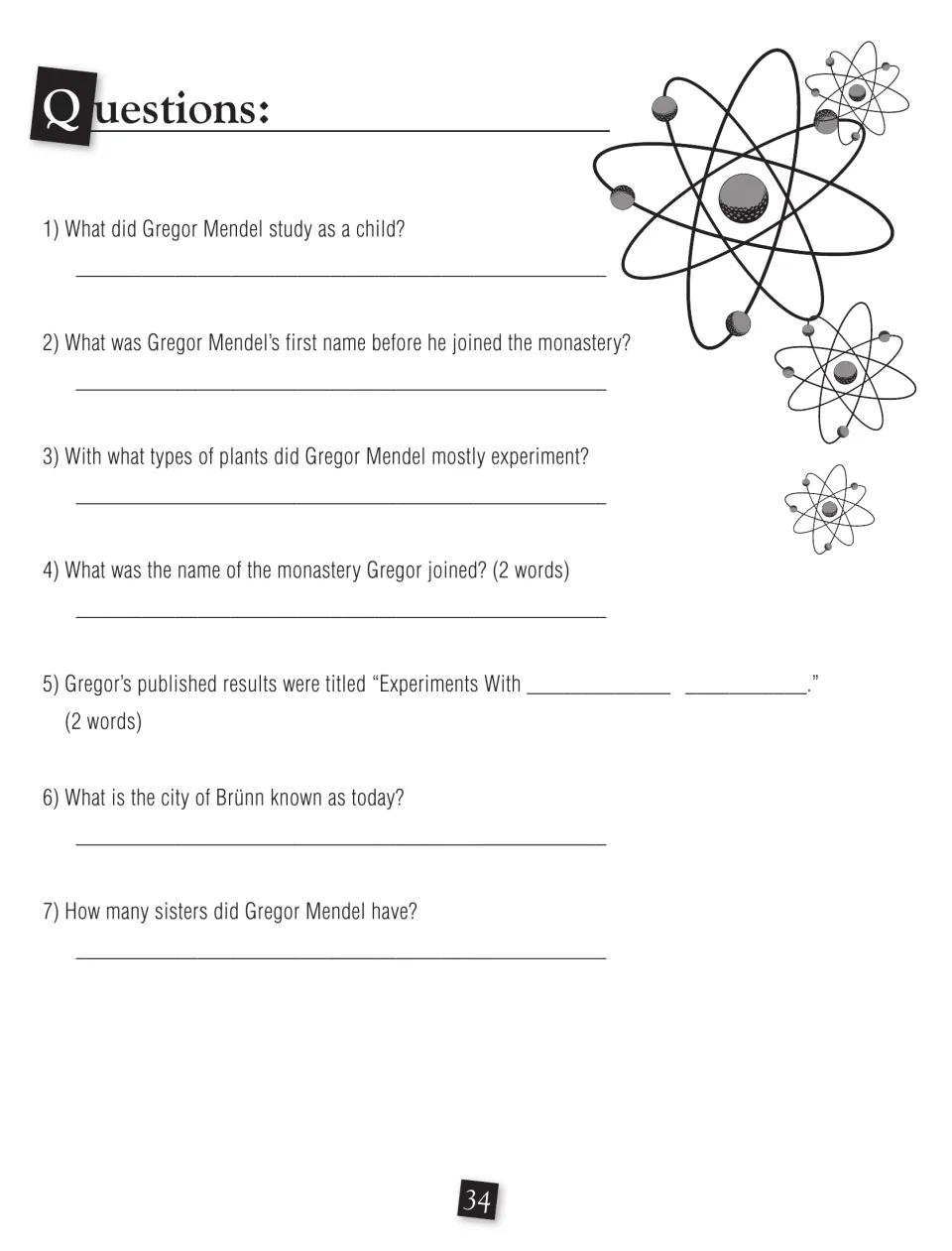 Seven Mendel questions ask about childhood studies, his original name, plants, monastery, publication, and family
