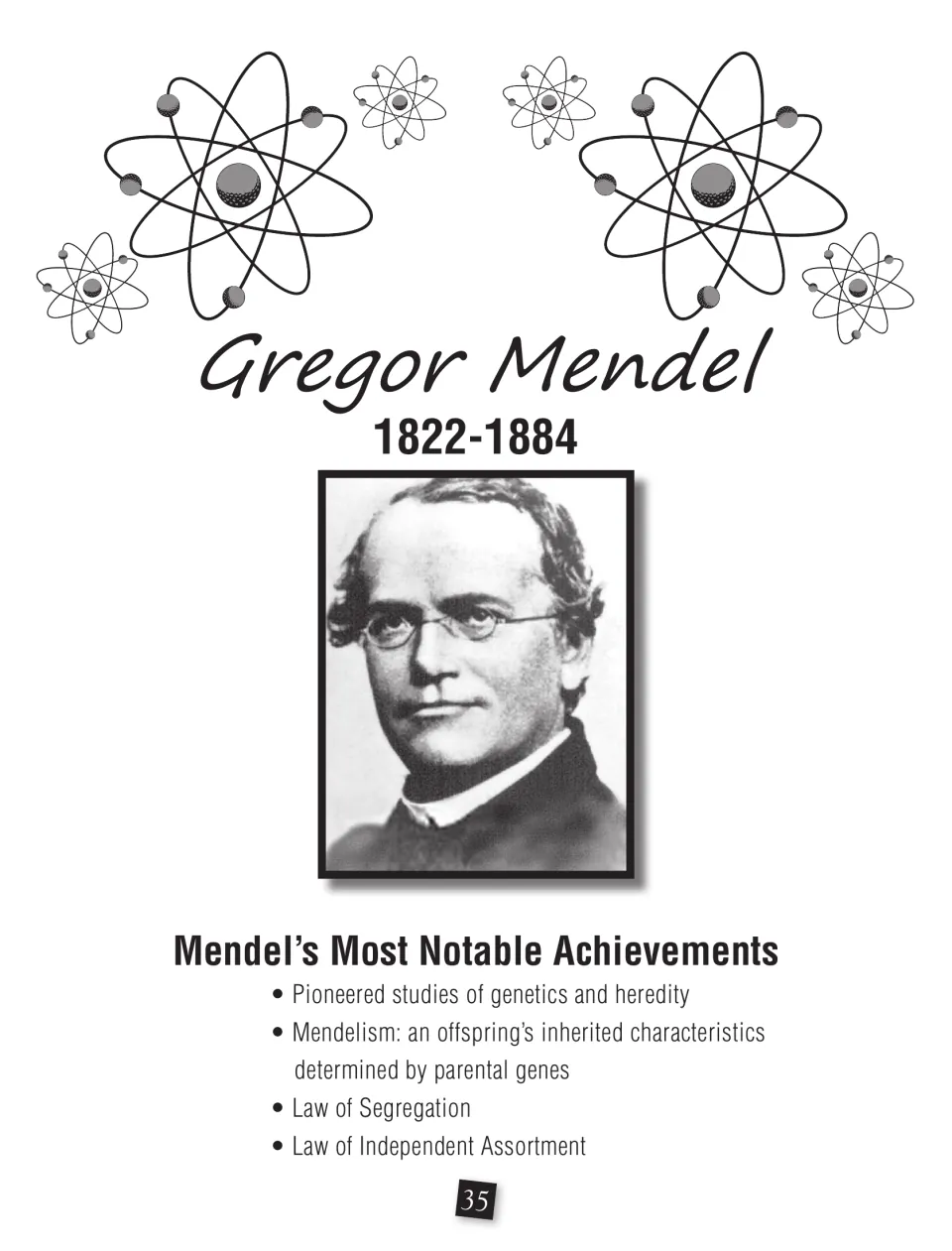 Gregor Mendel reference page gives his portrait, dates 1822–1884, and achievements in genetics and heredity