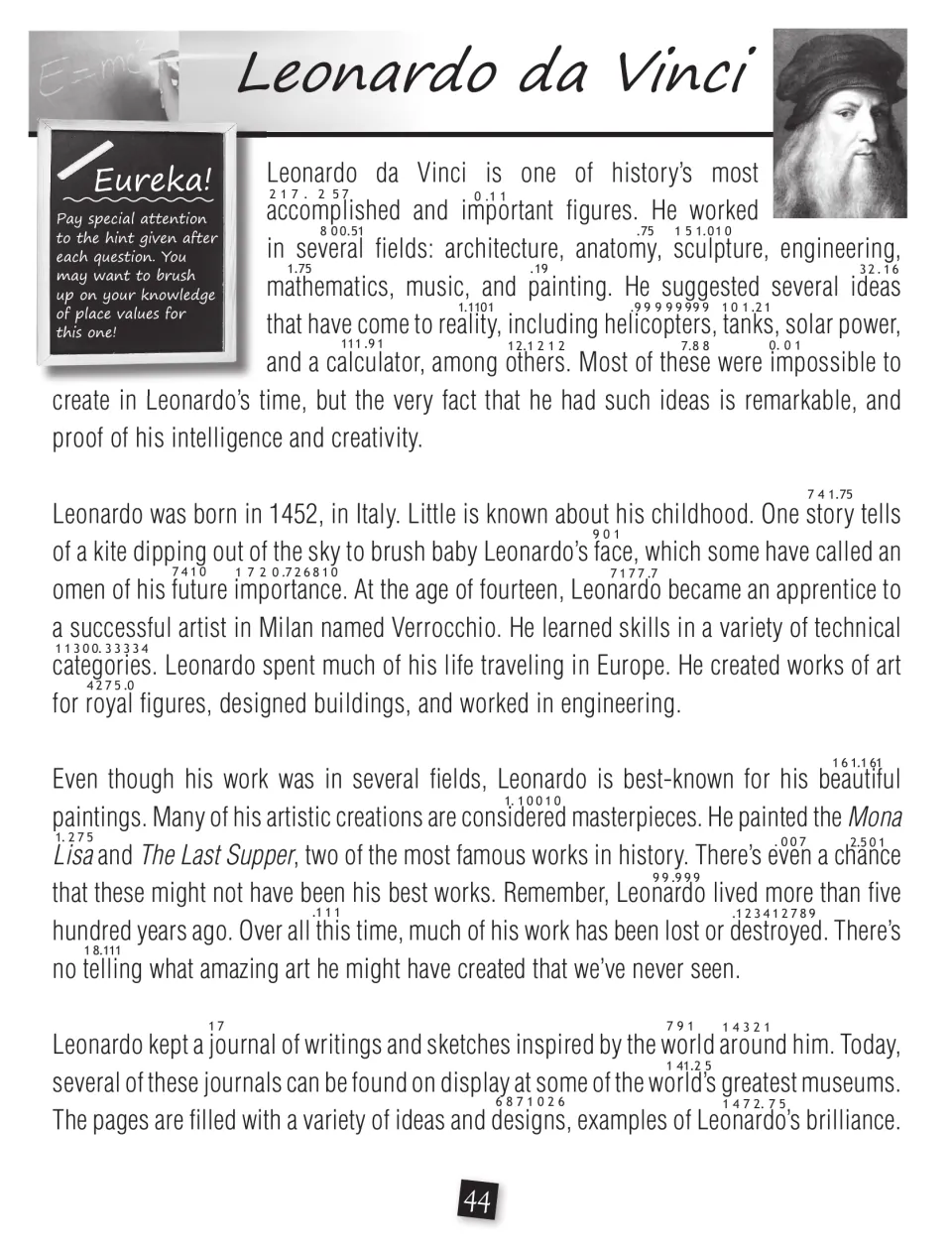 Leonardo da Vinci biography introduces his fields, childhood, paintings, and journals, with place-value codes
