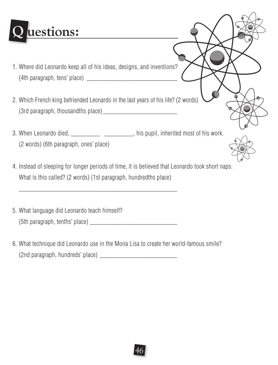 Six Leonardo questions use paragraph and place-value clues to ask about journals, a king, a pupil, and more