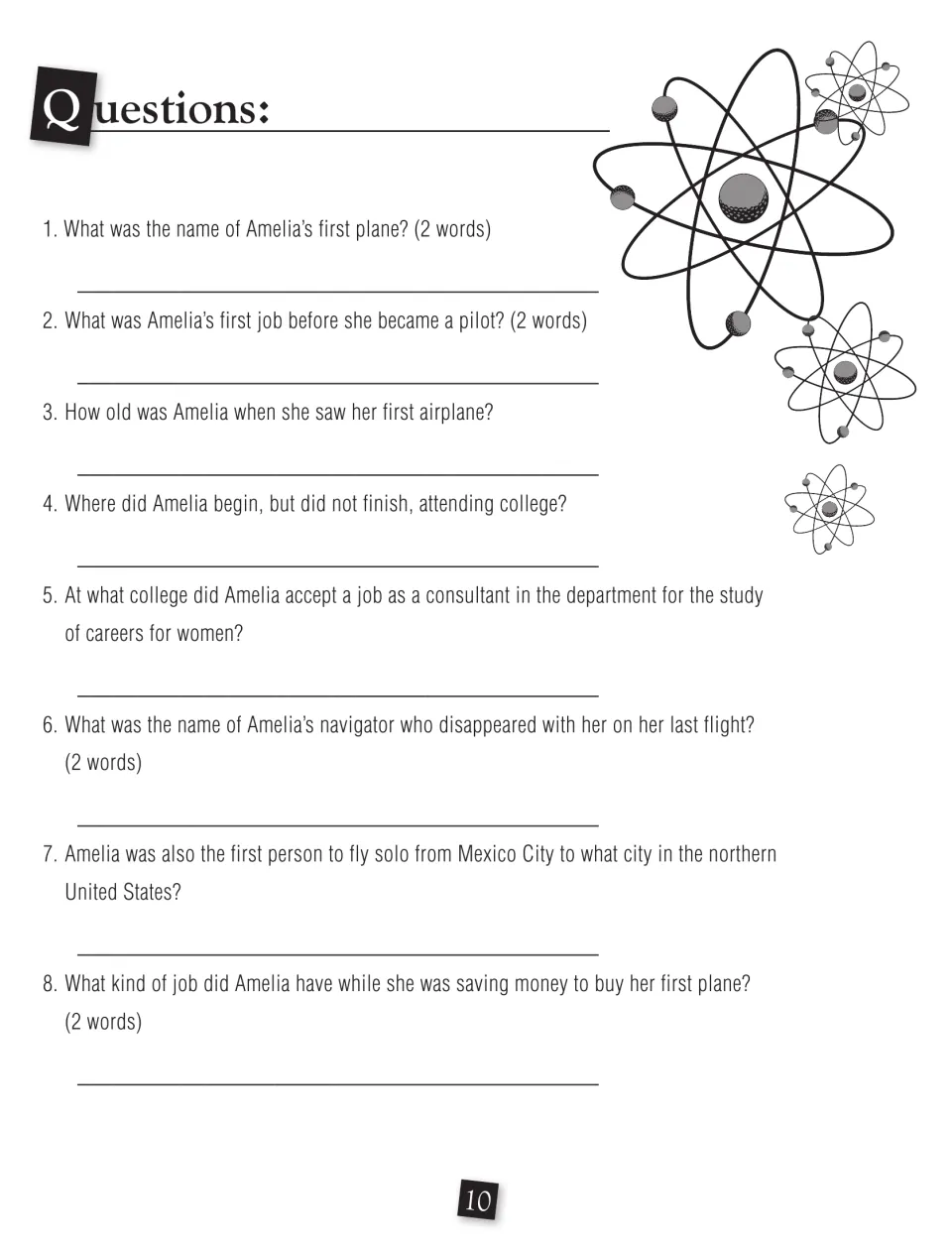 Amelia Earhart questions: eight follow-up items, such as her first plane's name and her navigator, answered by decoding