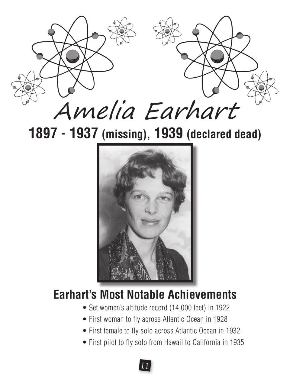 Amelia Earhart profile: portrait photo, 1897-1937 dates and four notable flying records, such as 1932 solo Atlantic flight