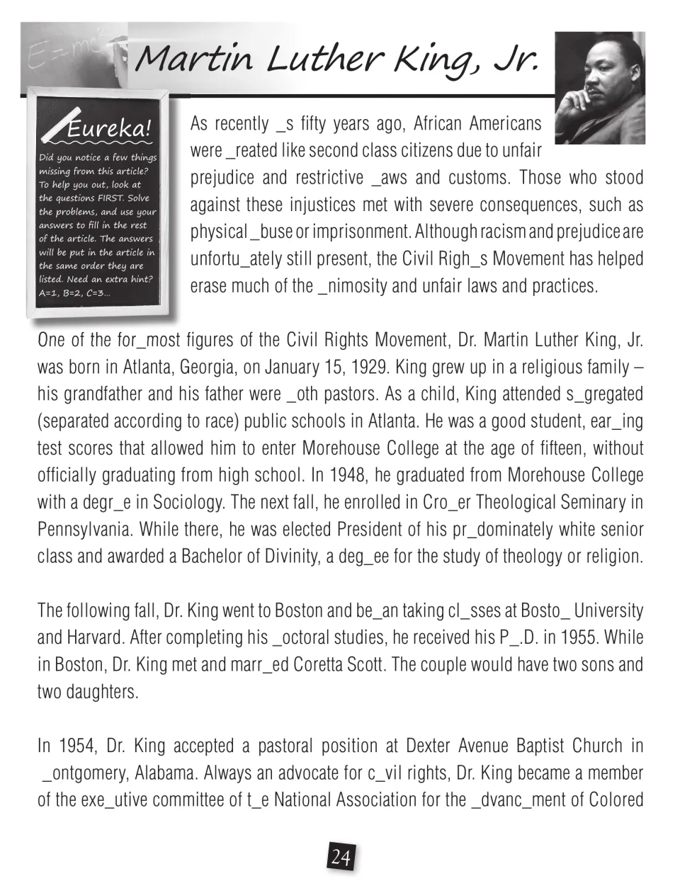Martin Luther King, Jr. biography with missing letters; students solve the question codes first, then fill in the blanks