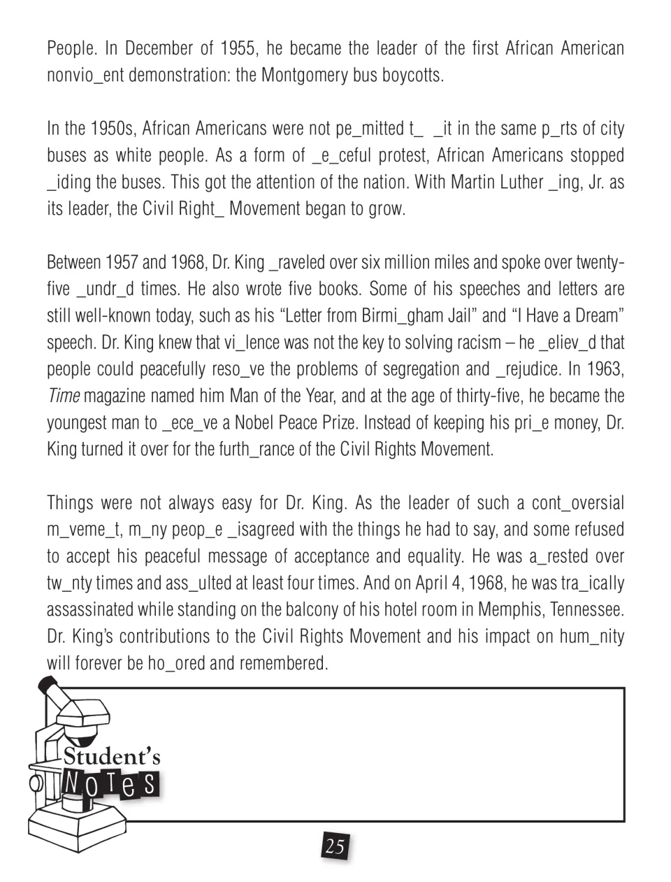 Martin Luther King, Jr. biography, continued: bus boycott, Nobel Peace Prize and assassination, with letters to fill in